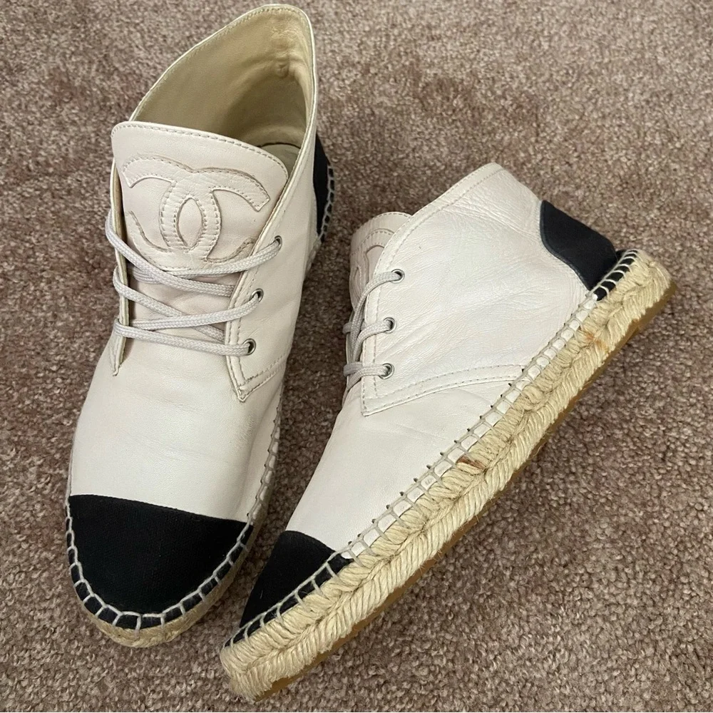 Chanel Two Tone Leather Canvas CC Logo Espadrille Lace Up High Top Sneakers